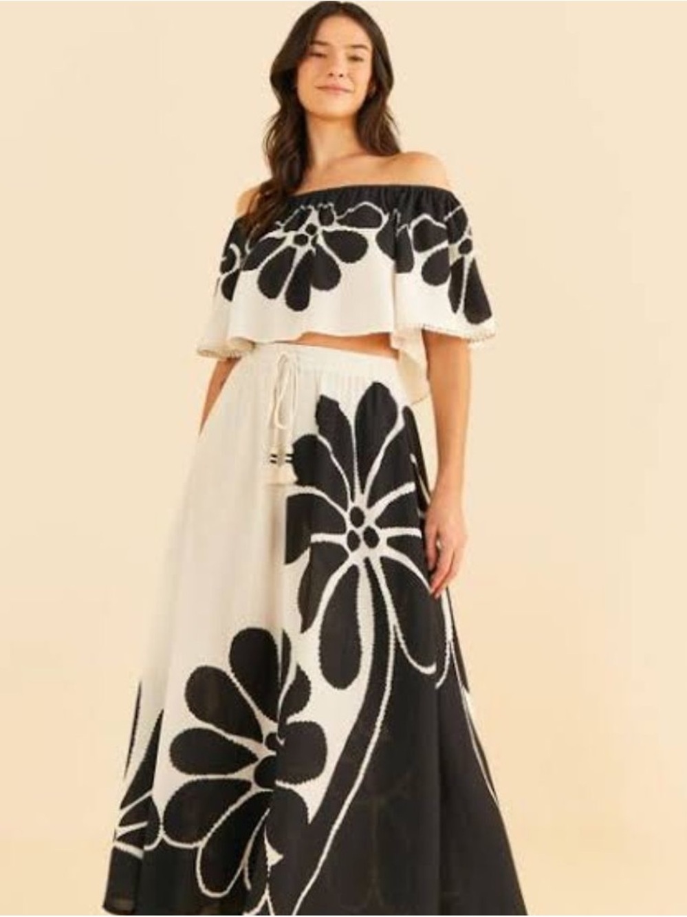 Farm Rio Black & White Floral Two-Piece Set – Top XL & Maxi Skirt L